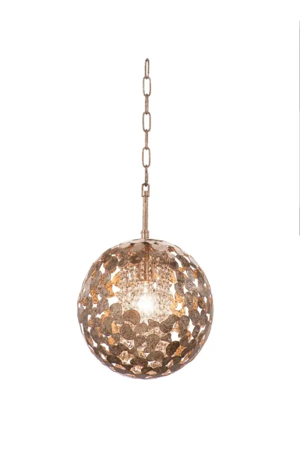 This orb family features an array of laser cut recycled steel elements and a peek-a-boo section that highlights crystal cascades inside. The antique silver leaf finish creates a beautiful shimmering highlight of light and shadowed tones. Collection: Belladonna Rooms: Closet, Kitchen, Bathroom, Office Finish: Antique Silver Leaf Width: 12.00" Height: 20.00" Weight: 8.00 lb Wire: 72" Number of Bulbs: 1 Maximum Wattage: 60.00 W Bulb Type: Medium Bulb Base: E26 Medium Dimmable Voltage: 120.00 V Material: Recycled Steel , Firenze Crystal Country of Origin: China Safety Listing: cETL Safety Rating: Dry