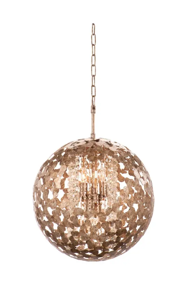 This orb family features an array of laser cut recycled steel elements and a peek-a-boo section that highlights crystal cascades inside. The antique silver leaf finish creates a beautiful shimmering highlight of light and shadowed tones. Collection: Belladonna Rooms: Dining Room, Bedroom, Kitchen, Foyer Finish: Antique Silver Leaf Width: 18.00" Height: 26.00" Weight: 17.00 lb Wire: 72" Number of Bulbs: 4 Maximum Wattage: 40.00 W Bulb Type: Candelabra Bulb Base: E26 Medium Dimmable Voltage: 120.00 V Material: Recycled Steel , Firenze Crystal Country of Origin: China Safety Listing: cETL Safety Rating: Dry