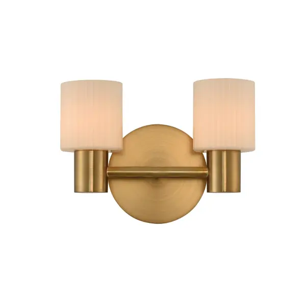 Hollywood glam comes to light! With clean lines and nice transition details coupled with the dual opal glass fluted cylinders. Harlowe is featured in a cool Winter Brass finish. Collection: Harlowe Rooms: Bathroom, Vanity, Spa, Powder Room Finish: Winter Brass Width: 11.00" Height: 8.00" Weight: 5.00 lb Extension from Wall: 5.00" Wire: 12" Mounting Height: 5.00" Canopy: 6"x1" Bulbs Included Number of Bulbs: 2 Maximum Wattage: 3.00 W Bulb Base: G9 Light Source: LED Light Output: 600.00 lm Color Temperature: 3000 K Dimmable Voltage: 120.00 V Material: Steel , Glass Country of Origin: China Safety Listing: cETL Safety Rating: Dry LED