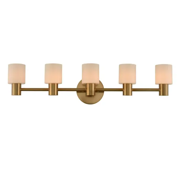 Hollywood glam comes to light! With clean lines and nice transition details coupled with the dual opal glass fluted cylinders. Harlowe is featured in a cool Winter Brass finish. Collection: Harlowe Rooms: Bathroom, Vanity, Spa, Powder Room Finish: Winter Brass Width: 34.00" Height: 8.00" Weight: 9.00 lb Extension from Wall: 5.00" Wire: 12" Mounting Height: 5.00" Canopy: 6"x1" Bulbs Included Number of Bulbs: 5 Maximum Wattage: 3.00 W Bulb Base: G9 Light Source: LED Light Output: 1500.00 lm Color Temperature: 3000 K Dimmable Voltage: 120.00 V Material: Steel , Glass Country of Origin: China Safety Listing: cETL Safety Rating: Dry LED