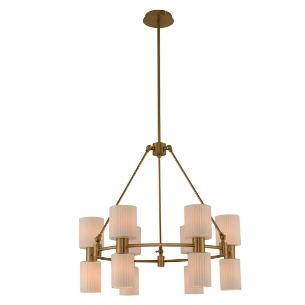 Hollywood glam comes to light! With clean lines and nice transition details coupled with the dual opal glass fluted cylinders. Harlowe is featured in a cool Winter Brass finish. Collection: Harlowe Rooms: Dining Room, Bedroom, Kitchen, Foyer Finish: Winter Brass Notes: (1) 6`` 12`` 24`` Stem Width: 28.00" Height: 26.00" Weight: 26.00 lb Chain: 48`` Wire: 96" Rod: (1) 6", (1) 12", (1) 24" Canopy: 6"x1" Number of Bulbs: 12 Bulb Base: E12 Candelabra Dimmable Voltage: 120.00 V Material: Steel , Glass Country of Origin: China Safety Listing: cETL Safety Rating: Dry