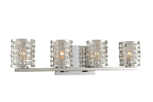 This Collection is constructed of handwoven stainless steel. This design lends itself to a modern-loft application and the series is set off with a clear crackle glass and highly polished stainless steel finish. Collection: Bridgeport Rooms: Bathroom, Vanity, Spa, Powder Room Finish: Stainless Steel Width: 21.50" Height: 5.50" Weight: 8.00 lb Extension from Wall: 4.50" Wire: 6" Mounting Height: 3.00" Canopy: 5"x0.75"x5" Bulbs Included Number of Bulbs: 4 Maximum Wattage: 3.00 W Bulb Type: G9 Bulb Base: G9 Light Source: LED Light Output: 1200.00 lm Color Temperature: 3000 K Dimmable Voltage: 120.00 V Material: Hand Crafted Stainless Steel , Crackle Glass Country of Origin: China Safety Listing: cETL Safety Rating: Dry LED