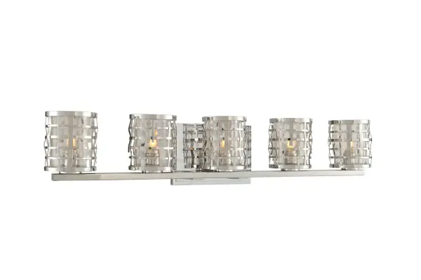 This Collection is constructed of handwoven stainless steel. This design lends itself to a modern-loft application and the series is set off with a clear crackle glass and highly polished stainless steel finish. Collection: Bridgeport Rooms: Bathroom, Vanity, Spa, Powder Room Finish: Stainless Steel Width: 27.00" Height: 5.50" Weight: 9.00 lb Extension from Wall: 4.50" Wire: 6" Mounting Height: 3.00" Canopy: 7"x0.75"x5" Bulbs Included Number of Bulbs: 5 Maximum Wattage: 3.00 W Bulb Type: G9 Bulb Base: G9 Light Source: LED Light Output: 1500.00 lm Color Temperature: 3000 K Dimmable Voltage: 120.00 V Material: Hand Crafted Stainless Steel , Crackle Glass Country of Origin: China Safety Listing: cETL Safety Rating: Dry LED