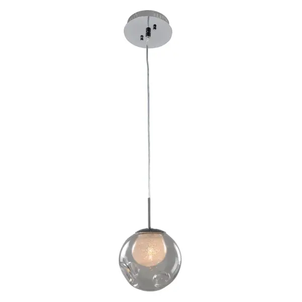 This trendy pendant collection features unique handblown glass in a variety of colors, including, clear, amber, sapphire and aqua. The configurations include a sconce, single pendant, multi light pendants and an island pendant. Sure to be the focal point of any room where you are looking to add a little funk. Frames include a polished chrome finish and fixtures come with 8' of clear cord. Collection: Meteor Rooms: Closet, Kitchen, Bathroom, Office Finish: Chrome Glass: Faux Calcite Standard Glass Width: 6.00" Height: 12.00" Weight: 4.00 lb Wire: 96" Canopy: 5.5"x1" Bulbs Included Number of Bulbs: 1 Maximum Wattage: 20.00 W Bulb Base: G4 Light Source: Halogen Dimmable Voltage: 120.00 V Material: Polished Steel , Handblown Glass Country of Origin: China Safety Listing: cETL Safety Rating: Dry