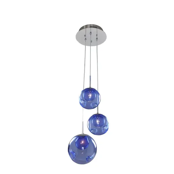 This trendy pendant collection features unique handblown glass in a variety of colors, including, clear, amber, sapphire and aqua. The configurations include a sconce, single pendant, multi light pendants and an island pendant. Sure to be the focal point of any room where you are looking to add a little funk. Frames include a polished chrome finish and fixtures come with 8' of clear cord. Collection: Meteor Rooms: Kitchen, Dining, Great Room, Foyer Finish: Chrome Glass: Faux Calcite Standard Glass Width: 10.00" Height: 16.50" Weight: 12.00 lb Wire: 96" Canopy: 6"x1" Bulbs Included Number of Bulbs: 3 Maximum Wattage: 20.00 W Bulb Base: G4 Light Source: Halogen Dimmable Voltage: 120.00 V Material: Polished Steel , Handblown Glass Country of Origin: China Safety Listing: cETL Safety Rating: Dry