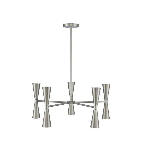Mid-Century Modern inspired design with stainless steel construction. G9 LED lamps included. Collection: Milo Rooms: Dining, Den, Entry, Bed Finish: Satin Nickel Notes: Includes (1) 6`` (1) 12`` (1) 24`` Stems Width: 28.00" Height: 20.00" Length: 28.00" Weight: 20.00 lb Wire: 96" Rod: (1) 6", (1) 12", (1) 24" Canopy: 5"x1" Bulbs Included Number of Bulbs: 10 Maximum Wattage: 3.00 W Bulb Type: G9 Bulb Base: G9 Light Source: LED Light Output: 300.00 lm Color Temperature: 3000 K CRI: 80 Dimmable Voltage: 120.00 V Material: Steel , Stainless Steel Country of Origin: China Safety Listing: cETL Safety Rating: Dry LED