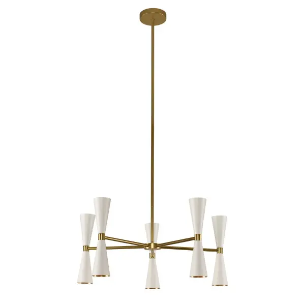 Trendy Mid-Century inspired design with dual LED lamping for maximum efficiency. The MILO Collection features a variety of configurations to fit every space, from sconce and entry to dining. Introduced in June of 2016 in a sleek Matte Black with Vintage Brass accents, Kalco has added a Warm White finish, also featuring vintage brass accents. Collection: Milo Rooms: Dining Room, Bedroom, Kitchen, Foyer Finish: White and Vintage Brass Notes: (1) 6`` 12`` 24`` Stem Width: 28.00" Height: 20.00" Weight: 26.00 lb Wire: 72" Rod: (1) 6", (1) 12", (1) 24" Canopy: 5"x1" Bulbs Included Number of Bulbs: 10 Maximum Wattage: 3.00 W Bulb Type: G9 Bulb Base: G9 Light Source: LED Light Output: 300.00 lm Color Temperature: 3000 K Dimmable Voltage: 120.00 V Material: Plated Steel Country of Origin: China Safety Listing: cETL Safety Rating: Dry LED