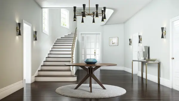 Trendy Mid-Century inspired design with dual LED lamping for maximum efficiency. The MILO Collection features a variety of configurations to fit every space, from sconce and entry to dining. Introduced in June of 2016 in a sleek Matte Black with Vintage Brass accents, Kalco has added a Warm White finish, also featuring vintage brass accents. Collection: Milo Rooms: Dining Room, Bedroom, Kitchen, Foyer Finish: Black and Vintage Brass Notes: (1) 6`` 12`` 24`` Stem Width: 35.00" Height: 19.00" Weight: 17.00 lb Wire: 72" Rod: (1) 6", (1) 12", (1) 24" Canopy: 5"x1" Bulbs Included Number of Bulbs: 14 Maximum Wattage: 3.00 W Bulb Type: G9 Bulb Base: G9 Light Source: LED Light Output: 300.00 lm Color Temperature: 3000 K Dimmable Voltage: 120.00 V Material: Plated Steel Country of Origin: China Safety Listing: cETL Safety Rating: Dry LED - alternate view