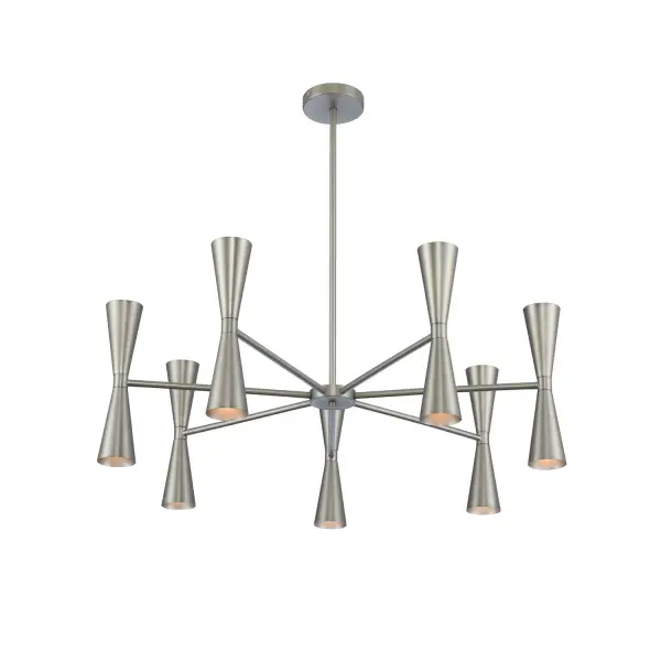 Mid-Century Modern inspired design with stainless steel construction. G9 LED lamps included. Collection: Milo Rooms: Dining, Den, Entry, Bed Finish: Satin Nickel Notes: Includes (1) 6`` (1) 12`` (1) 24`` Stems Width: 35.00" Height: 20.00" Length: 35.00" Weight: 18.00 lb Wire: 96" Rod: (1) 6", (1) 12", (1) 24" Canopy: 5"x1" Bulbs Included Number of Bulbs: 14 Maximum Wattage: 3.00 W Bulb Type: G9 Bulb Base: G9 Light Source: LED Light Output: 300.00 lm Color Temperature: 3000 K CRI: 80 Dimmable Voltage: 120.00 V Material: Steel , Stainless Steel Country of Origin: China Safety Listing: cETL Safety Rating: Dry LED