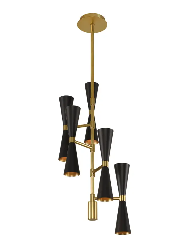 Trendy Mid-Century inspired design with dual LED lamping for maximum efficiency. The MILO Collection features a variety of configurations to fit every space, from sconce and entry to dining. Introduced in June of 2016 in a sleek Matte Black with Vintage Brass accents, Kalco has added a Warm White finish, also featuring vintage brass accents. Collection: Milo Rooms: Dining Room, Bedroom, Kitchen, Foyer Finish: Black and Vintage Brass Notes: (2) 6`` 12`` 24`` Stem Width: 13.00" Height: 38.00" Weight: 19.00 lb Wire: 48" Rod: (2) 6", (2) 12", (2) 24" Canopy: 5"x1" Bulbs Included Number of Bulbs: 10 Maximum Wattage: 3.00 W Bulb Type: G9 Bulb Base: G9 Light Source: LED Light Output: 300.00 lm Color Temperature: 3000 K Dimmable Voltage: 120.00 V Material: Plated Steel Country of Origin: China Safety Listing: cETL Safety Rating: Dry LED