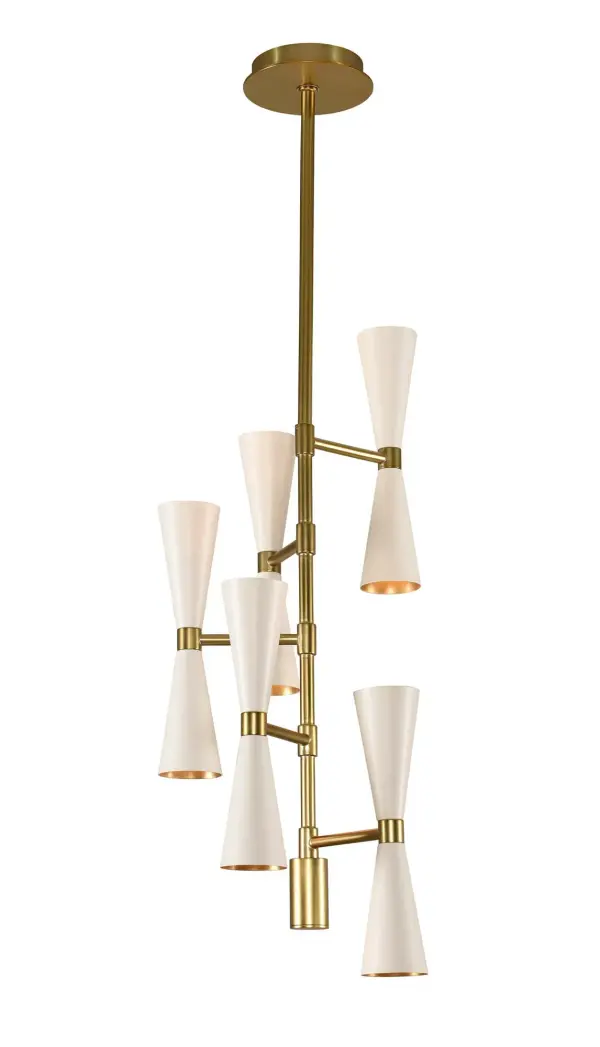 Trendy Mid-Century inspired design with dual LED lamping for maximum efficiency. The MILO Collection features a variety of configurations to fit every space, from sconce and entry to dining. Introduced in June of 2016 in a sleek Matte Black with Vintage Brass accents, Kalco has added a Warm White finish, also featuring vintage brass accents. Collection: Milo Rooms: Dining Room, Bedroom, Kitchen, Foyer Finish: White and Vintage Brass Notes: (2) 6`` 12`` 24`` Stem Width: 13.00" Height: 38.00" Weight: 19.00 lb Wire: 48" Rod: (2) 6", (2) 12", (2) 24" Canopy: 5"x1" Bulbs Included Number of Bulbs: 10 Maximum Wattage: 3.00 W Bulb Type: G9 Bulb Base: G9 Light Source: LED Light Output: 300.00 lm Color Temperature: 3000 K Dimmable Voltage: 120.00 V Material: Plated Steel Country of Origin: China Safety Listing: cETL Safety Rating: Dry LED