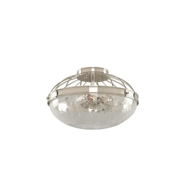 A fresh take on a classic style. These pendants and semi-flush fixtures feature beautifully crafted bands and wire guards that cradle the Hand Blown Crackle Glass. Finish is a high luster Polished Nickel Finish. Collection: Montauk Rooms: Bathroom, Hallway, Bedroom, Closet Finish: Polished Nickel Width: 14.00" Height: 9.00" Weight: 10.00 lb Wire: 6" Canopy: 5"x1" Number of Bulbs: 3 Maximum Wattage: 100.00 W Bulb Type: Medium Bulb Base: E26 Medium Dimmable Voltage: 120.00 V Material: Plated Steel , Hand Blown Crackle Glass Country of Origin: China Safety Listing: cETL Safety Rating: Dry