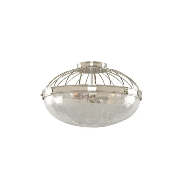 A fresh take on a classic style. These pendants and semi-flush fixtures feature beautifully crafted bands and wire guards that cradle the Hand Blown Crackle Glass. Finish is a high luster Polished Nickel Finish. Collection: Montauk Rooms: Bathroom, Hallway, Bedroom, Closet Finish: Polished Nickel Width: 16.00" Height: 10.00" Weight: 14.00 lb Wire: 6" Canopy: 5"x1" Number of Bulbs: 3 Maximum Wattage: 100.00 W Bulb Type: Medium Bulb Base: E26 Medium Dimmable Voltage: 120.00 V Material: Plated Steel , Hand Blown Crackle Glass Country of Origin: China Safety Listing: cETL Safety Rating: Dry