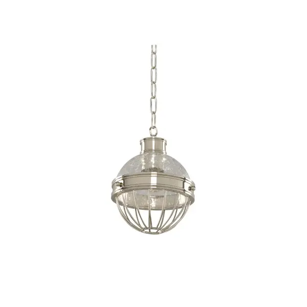 A fresh take on a classic style. These pendants and semi-flush fixtures feature beautifully crafted bands and wire guards that cradle the Hand Blown Crackle Glass. Finish is a high luster Polished Nickel Finish. Collection: Montauk Rooms: Closet, Kitchen, Bathroom, Office Finish: Polished Nickel Width: 6.50" Height: 8.00" Weight: 4.00 lb Chain: 48" Wire: 96" Canopy: 5"x0.75" Number of Bulbs: 1 Maximum Wattage: 100.00 W Bulb Base: E26 Medium Dimmable Voltage: 120.00 V Material: Plated Steel , Hand Blown Crackle Glass Country of Origin: China Safety Listing: cETL Safety Rating: Dry
