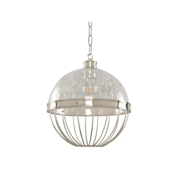 A fresh take on a classic style. These pendants and semi-flush fixtures feature beautifully crafted bands and wire guards that cradle the Hand Blown Crackle Glass. Finish is a high luster Polished Nickel Finish. Collection: Montauk Rooms: Kitchen, Dining, Great Room, Foyer Finish: Polished Nickel Width: 12.00" Height: 14.00" Weight: 9.00 lb Chain: 48" Wire: 96" Canopy: 5"x0.75" Number of Bulbs: 1 Maximum Wattage: 100.00 W Bulb Base: E26 Medium Dimmable Voltage: 120.00 V Material: Plated Steel , Hand Blown Crackle Glass Country of Origin: China Safety Listing: cETL Safety Rating: Dry