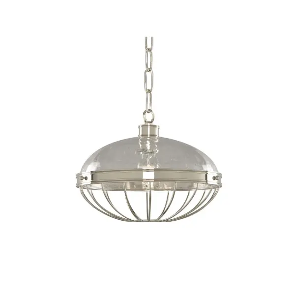 A fresh take on a classic style. These pendants and semi-flush fixtures feature beautifully crafted bands and wire guards that cradle the Hand Blown Crackle Glass. Finish is a high luster Polished Nickel Finish. Collection: Montauk Rooms: Kitchen, Dining, Great Room, Foyer Finish: Polished Nickel Width: 14.00" Height: 11.00" Weight: 10.00 lb Chain: 48" Wire: 96" Canopy: 5"x0.75" Number of Bulbs: 1 Maximum Wattage: 100.00 W Bulb Base: E26 Medium Dimmable Voltage: 120.00 V Material: Plated Steel , Hand Blown Crackle Glass Country of Origin: China Safety Listing: cETL Safety Rating: Dry