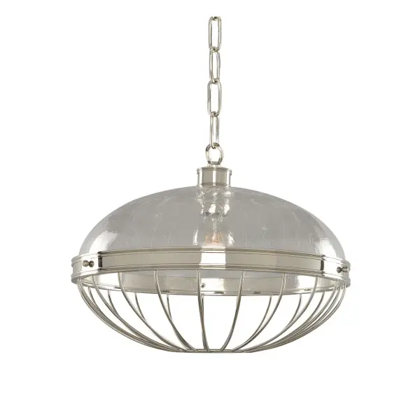 A fresh take on a classic style. These pendants and semi-flush fixtures feature beautifully crafted bands and wire guards that cradle the Hand Blown Crackle Glass. Finish is a high luster Polished Nickel Finish. Collection: Montauk Rooms: Kitchen, Dining, Great Room, Foyer Finish: Polished Nickel Width: 16.00" Height: 12.00" Weight: 14.00 lb Chain: 48" Wire: 96" Canopy: 5"x0.75" Number of Bulbs: 1 Maximum Wattage: 100.00 W Bulb Base: E26 Medium Dimmable Voltage: 120.00 V Material: Plated Steel , Hand Blown Crackle Glass Country of Origin: China Safety Listing: cETL Safety Rating: Dry