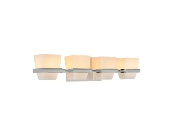 The Malibu bath vanity collection features a soft tapered square matte opal glass that is seemlessly cradled in a soft tapered framework. The G9 Xenon lamps are included. The series is featured in a polished chrome or exclusive brushed bronze finish. Collection: Malibu Rooms: Bathroom, Vanity, Spa, Powder Room Finish: Chrome Width: 22.00" Height: 6.00" Weight: 8.00 lb Extension from Wall: 5.50" Wire: 6`` Mounting Height: 3.00" Canopy: 6``x5`` Bulbs Included Number of Bulbs: 4 Maximum Wattage: 3.00 W Bulb Type: G-9 Bulb Base: G9 Light Source: LED Light Output: 1200.00 lm Color Temperature: 3000 K Dimmable Voltage: 120.00 V Material: Heavy Gauge Steel , Opal Glass Country of Origin: China Safety Listing: cETL Safety Rating: Dry LED