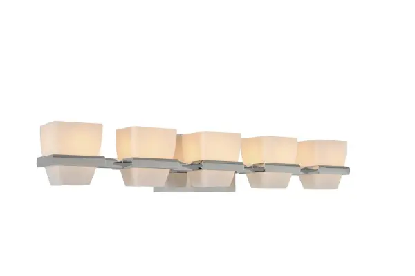 The Malibu bath vanity collection features a soft tapered square matte opal glass that is seemlessly cradled in a soft tapered framework. The G9 Xenon lamps are included. The series is featured in a polished chrome or exclusive brushed bronze finish. Collection: Malibu Rooms: Living Room, Bedroom, Family Room, Dining Room Finish: Chrome Width: 29.00" Height: 6.00" Weight: 10.00 lb Extension from Wall: 5.50" Wire: 6`` Mounting Height: 3.00" Canopy: 8.25``x4.5`` Bulbs Included Number of Bulbs: 5 Maximum Wattage: 3.00 W Bulb Type: G-9 Bulb Base: G9 Light Source: LED Light Output: 1500.00 lm Color Temperature: 3000 K Dimmable Voltage: 120.00 V Material: Heavy Gauge Steel , Opal Glass Country of Origin: China Safety Listing: cETL Safety Rating: Dry LED