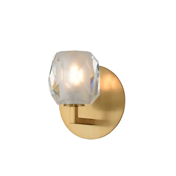 Jewel Cut Frosted Glass rests on a simple steel constructed form in a warm Winter Brass finish. LED G9 bulbs included. Collection: Stella Rooms: Living Room, Bedroom, Family Room, Dining Room Finish: Winter Brass Width: 6.00" Height: 7.00" Weight: 18.00 lb Extension from Wall: 6.00" Wire: 6" Mounting Height: 4.00" Canopy: 6"x1" Bulbs Included Number of Bulbs: 1 Maximum Wattage: 3.00 W Bulb Type: LED Bulb Base: G9 Light Source: LED Light Output: 300.00 lm Color Temperature: 3000 K Dimmable Voltage: 120.00 V Material: Steel Country of Origin: China Safety Listing: cETL Safety Rating: Dry LED