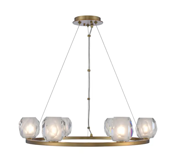 Jewel Cut Frosted Glass rests on a simple steel constructed form in a warm Winter Brass finish. LED G9 bulbs included. Collection: Stella Rooms: Kitchen, Dining, Great Room, Foyer Finish: Winter Brass Notes: Overall H: 96`` - 8` S. Cable Width: 26.00" Height: 4.50" Weight: 22.00 lb Wire: 156" Canopy: 6"x1" Bulbs Included Number of Bulbs: 6 Maximum Wattage: 3.00 W Bulb Type: G-9 Bulb Base: G9 Light Source: LED Light Output: 1800.00 lm Color Temperature: 3000 K Dimmable Voltage: 120.00 V Material: Steel Country of Origin: China Safety Listing: cETL Safety Rating: Dry LED
