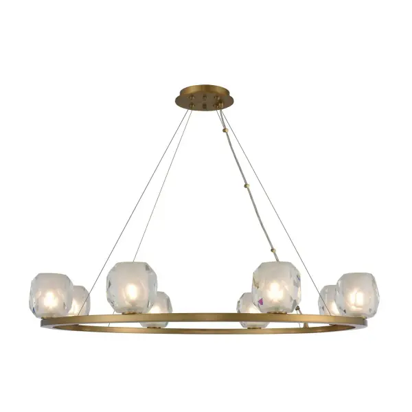 Jewel Cut Frosted Glass rests on a simple steel constructed form in a warm Winter Brass finish. LED G9 bulbs included. Collection: Stella Rooms: Kitchen, Dining, Great Room, Foyer Finish: Winter Brass Notes: Overall H: 168`` - 14` S. Cable Width: 34.00" Height: 4.50" Weight: 35.00 lb Wire: 156" Canopy: 6"x1" Bulbs Included Number of Bulbs: 8 Maximum Wattage: 3.00 W Bulb Type: G-9 Bulb Base: G9 Light Source: LED Light Output: 2400.00 lm Color Temperature: 3000 K Dimmable Voltage: 120.00 V Material: Steel Country of Origin: China Safety Listing: cETL Safety Rating: Dry LED