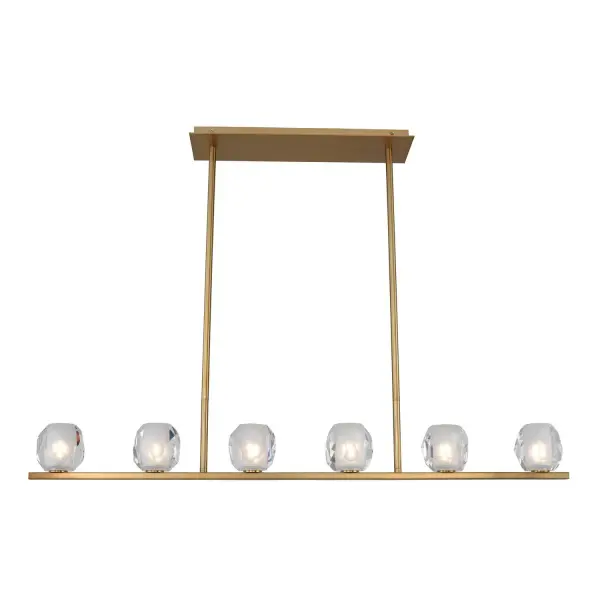 Jewel Cut Frosted Glass rests on a simple steel constructed form in a warm Winter Brass finish. LED G9 bulbs included. Collection: Stella Rooms: Kitchen, Dining, Game Room, Bar Finish: Winter Brass Notes: (2) 6`` 12`` 24`` Stems Width: 6.00" Height: 13.00" Length: 46.00" Weight: 29.00 lb Wire: 156" Rod: (2) 6", (2) 12", (2) 24" Canopy: 21"x1"x6" Bulbs Included Number of Bulbs: 6 Maximum Wattage: 3.00 W Bulb Type: G9 Bulb Base: G9 Light Source: LED Light Output: 1800.00 lm Color Temperature: 3000 K Dimmable Voltage: 120.00 V Material: Steel Country of Origin: China Safety Listing: cETL Safety Rating: Dry LED