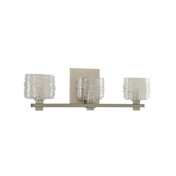This series features Oval Spun Glass on a high styled frame with beautiful details including thedefined holders and arms that swoop onto the mounting plates. Available in 1 thru 5 light versions, and in your choice of Vintage Bronze or Satin Nickel. Collection: Clearwater Rooms: Bathroom, Vanity, Spa, Powder Room Finish: Satin Nickel Width: 21.00" Height: 6.50" Weight: 8.00 lb Extension from Wall: 4.00" Wire: 6" Mounting Height: 2.75" Canopy: 4.5"x5"x0.75" Bulbs Included Number of Bulbs: 3 Maximum Wattage: 3.00 W Bulb Base: G9 Light Source: LED Light Output: 900.00 lm Color Temperature: 3000 K Dimmable Voltage: 120.00 V Material: Heavy Gauge Steel , Spun Glass Country of Origin: China Safety Listing: cETL Safety Rating: Dry ADA LED