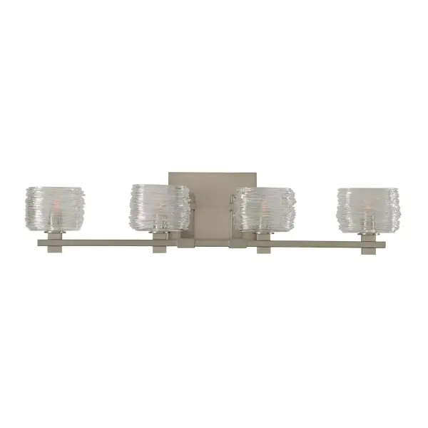 This series features Oval Spun Glass on a high styled frame with beautiful details including thedefined holders and arms that swoop onto the mounting plates. Available in 1 thru 5 light versions, and in your choice of Vintage Bronze or Satin Nickel. Collection: Clearwater Rooms: Bathroom, Vanity, Spa, Powder Room Finish: Satin Nickel Width: 29.00" Height: 6.50" Weight: 9.00 lb Extension from Wall: 4.00" Wire: 6" Mounting Height: 2.75" Canopy: 6.5"x5"x0.75" Bulbs Included Number of Bulbs: 4 Maximum Wattage: 3.00 W Bulb Base: G9 Light Source: LED Light Output: 1200.00 lm Color Temperature: 3000 K Dimmable Voltage: 120.00 V Material: Heavy Gauge Steel , Spun Glass Country of Origin: China Safety Listing: cETL Safety Rating: Dry ADA LED