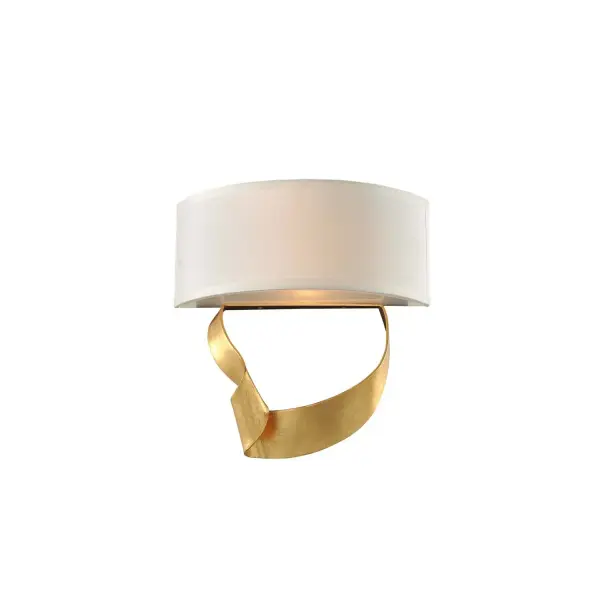 This handcrafted metal wall sconce features a flowing ribbon detail and white linen shade. The light fixture is finished in Roman Gold and available in a right or left version to create balance in any application. Collection: Avalon Rooms: Living Room, Bedroom, Family Room, Dining Room Finish: Roman Gold Width: 12.00" Height: 12.00" Weight: 4.00 lb Extension from Wall: 4.00" Wire: 6" Mounting Height: 2.50" Canopy: 7.75"x5"x0.75" Number of Bulbs: 2 Maximum Wattage: 40.00 W Bulb Type: E12 Bulb Base: E12 Candelabra Dimmable Voltage: 120.00 V Material: Hand Crafted Steel , Linen Country of Origin: China Safety Listing: cETL Safety Rating: Dry ADA