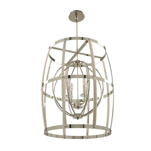 The tight woven light rope details are highlighted with the Polished Nickel Finish to make this collection a the highlight of any setting. Rope wrapped stems keep the design flowing all the way to the ceiling. Collection: Bradbury Rooms: Kitchen, Dining, Great Room, Foyer Finish: Polished Nickel Notes: (1) 6`` 12`` 24`` Stem Width: 24.00" Height: 28.00" Weight: 34.00 lb Wire: 96" Rod: (1) 6", (1) 12", (1) 24" Canopy: 5"x1.25" Number of Bulbs: 4 Maximum Wattage: 60.00 W Bulb Base: E12 Candelabra Dimmable Voltage: 120.00 V Material: Plated Steel , Rope Country of Origin: China Safety Listing: cETL Safety Rating: Dry