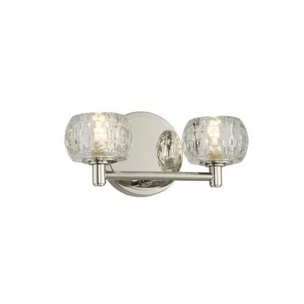 The Ella Bath Collection features Dimpled Clear Optic Glass with a classic Polished Nickel finish and LED G9 Bulbs included. Collection: Ella Rooms: Bathroom, Vanity, Spa, Powder Room Finish: Polished Nickel Width: 11.00" Height: 5.00" Weight: 6.00 lb Extension from Wall: 5.00" Wire: 6" Mounting Height: 3.00" Canopy: 5"x1" Bulbs Included Number of Bulbs: 2 Maximum Wattage: 3.00 W Bulb Type: G9 Bulb Base: G9 Light Source: LED Light Output: 600.00 lm Color Temperature: 3000 K Dimmable Voltage: 120.00 V Material: Steel Country of Origin: China Safety Listing: cETL Safety Rating: Damp LED
