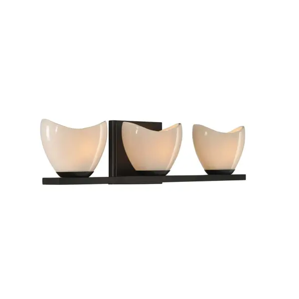 The Vessel Tubs that grace classic and modern upscale bathrooms is the inspiration of the Vero Bath Collection. The Tri-Plex, 3 layer glass is cradled in tapered holders and presented on a spa like platform to emulate the zen feel and glow of candles. Available in Satin Nickel or English Bronze. Collection: Vero Rooms: Bathroom, Vanity, Spa, Powder Room Finish: English Bronze Width: 20.00" Height: 5.00" Weight: 7.00 lb Extension from Wall: 4.00" Wire: 6" Mounting Height: 2.50" Canopy: 5"x5"x0.5" Bulbs Included Number of Bulbs: 3 Maximum Wattage: 3.00 W Bulb Base: G9 Light Source: LED Light Output: 900.00 lm Color Temperature: 3000 K Dimmable Voltage: 120.00 V Material: Heavy Gauge Steel , Opal Glass Country of Origin: China Safety Listing: cETL Safety Rating: Dry ADA LED
