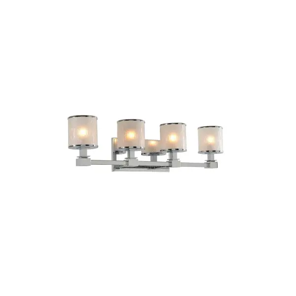 Upscale Traditional is the look of the Destin Collection. Featuring beautiful steps in the bar, arm and backplate along with a frosted water glass cylinder with the finished edge detail, this series is available in Polished Chrome or Brushed Bronze. Collection: Destin Rooms: Bathroom, Vanity, Spa, Powder Room Finish: Chrome Width: 26.50" Height: 7.00" Weight: 9.00 lb Extension from Wall: 5.50" Wire: 6" Mounting Height: 4.50" Canopy: 10"x0.5" Bulbs Included Number of Bulbs: 4 Maximum Wattage: 3.00 W Bulb Type: G-9 Bulb Base: G9 Light Source: LED Light Output: 1200.00 lm Color Temperature: 3000 K Dimmable Voltage: 120.00 V Material: Heavy Gauge Steel , Water Glass Country of Origin: China Safety Listing: cETL Safety Rating: Dry LED