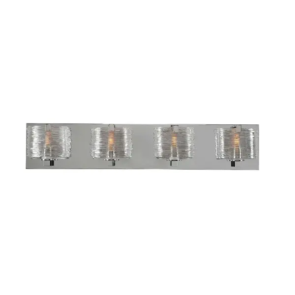 Oval Handblown Venetian Style Sun Glass is cradled on a simple, yet nicely detailed frame. Available in Polished Chrome of Satin Nickel finish. Collection: South Bay Rooms: Bathroom, Vanity, Spa, Powder Room Finish: Chrome Width: 26.00" Height: 5.00" Weight: 13.00 lb Extension from Wall: 3.50" Wire: 6" Mounting Height: 2.75" Canopy: 25.25"x4.5"x0.75" Bulbs Included Number of Bulbs: 4 Maximum Wattage: 3.00 W Bulb Type: G-9 Bulb Base: G9 Light Source: LED Light Output: 1200.00 lm Color Temperature: 3000 K Dimmable Voltage: 120.00 V Material: Heavy Gauge Steel , Hand Blown Glass Country of Origin: China Safety Listing: cETL Safety Rating: Dry ADA LED