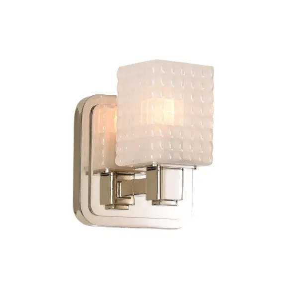 This modern vanity series features a soft edge and quilted appearing clear glass shade with a frosted interior to soften the light. The backplate on this bath vanity series features a square design with a stepped soft curve along with matching heavy gauge arm backs and fonts. Offered in a high polished nickel finish and includes G9 LED bulbs. Collection: Avanti Rooms: Bathroom, Vanity, Spa, Powder Room Finish: Polished Nickel Width: 5.00" Height: 6.00" Weight: 7.00 lb Extension from Wall: 4.00" Wire: 6`` Bulbs Included Number of Bulbs: 1 Maximum Wattage: 3.00 W Bulb Type: LED Bulb Base: G9 Light Source: LED Light Output: 300.00 lm Color Temperature: 3000 K Dimmable Voltage: 120.00 V Material: Heavy Gauge Steel , Glass Country of Origin: China Safety Listing: cETL Safety Rating: Dry ADA LED