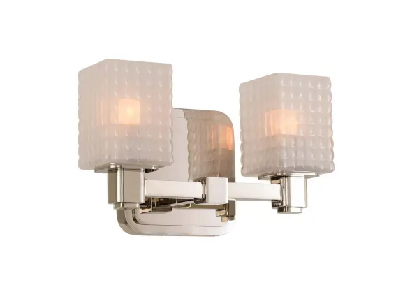 This modern vanity series features a soft edge and quilted appearing clear glass shade with a frosted interior to soften the light. The backplate on this bath vanity series features a square design with a stepped soft curve along with matching heavy gauge arm backs and fonts. Offered in a high polished nickel finish and includes G9 LED bulbs. Collection: Avanti Rooms: Bathroom, Vanity, Spa, Powder Room Finish: Polished Nickel Width: 10.00" Height: 6.00" Weight: 9.00 lb Extension from Wall: 4.00" Wire: 6`` Bulbs Included Number of Bulbs: 2 Maximum Wattage: 3.00 W Bulb Base: G9 Light Source: LED Light Output: 600.00 lm Color Temperature: 3000 K Dimmable Voltage: 120.00 V Material: Heavy Gauge Steel , Glass Country of Origin: China Safety Listing: cETL Safety Rating: Dry ADA LED