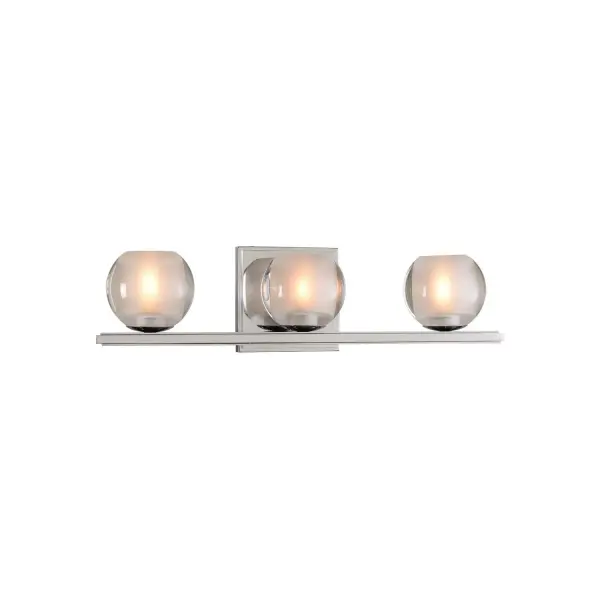 The Corona Collection features Clear Globe Glass Balls with Frosted Interiors. Offered in a Polished Chrome or Satin Nickel finish over heavy gauge steel construction. LED bulbs are included. Collection: Corona Rooms: Bathroom, Vanity, Spa, Powder Room Finish: Chrome Width: 19.00" Height: 5.00" Weight: 11.00 lb Extension from Wall: 5.00" Wire: 6" Mounting Height: 2.50" Canopy: 5"x5"x0.75" Bulbs Included Number of Bulbs: 3 Maximum Wattage: 3.00 W Bulb Type: G9 Bulb Base: G9 Light Source: LED Light Output: 900.00 lm Color Temperature: 3000 K Dimmable Voltage: 120.00 V Material: Heavy Gauge Steel , Glass Country of Origin: China Safety Listing: cETL Safety Rating: Dry LED