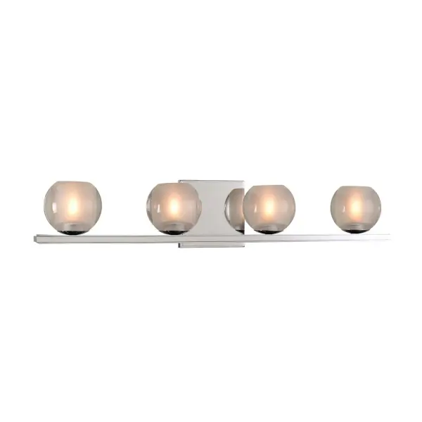 The Corona Collection features Clear Globe Glass Balls with Frosted Interiors. Offered in a Polished Chrome or Satin Nickel finish over heavy gauge steel construction. LED bulbs are included. Collection: Corona Rooms: Bathroom, Vanity, Spa, Powder Room Finish: Chrome Width: 26.00" Height: 5.00" Weight: 14.00 lb Extension from Wall: 5.00" Wire: 6" Mounting Height: 2.50" Canopy: 5"x5"x0.75" Bulbs Included Number of Bulbs: 4 Maximum Wattage: 3.00 W Bulb Type: G9 Bulb Base: G9 Light Source: LED Light Output: 1200.00 lm Color Temperature: 3000 K Dimmable Voltage: 120.00 V Material: Heavy Gauge Steel , Glass Country of Origin: China Safety Listing: cETL Safety Rating: Dry LED