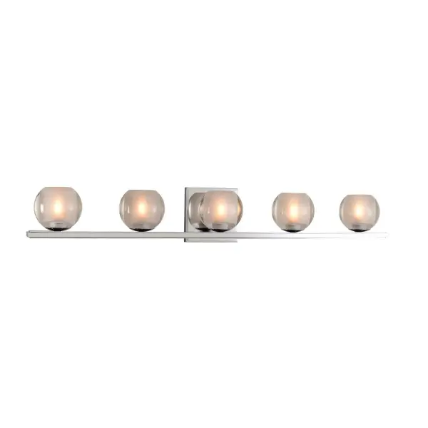 The Corona Collection features Clear Globe Glass Balls with Frosted Interiors. Offered in a Polished Chrome or Satin Nickel finish over heavy gauge steel construction. LED bulbs are included. Collection: Corona Rooms: Bathroom, Vanity, Spa, Powder Room Finish: Chrome Width: 33.00" Height: 5.00" Weight: 20.00 lb Extension from Wall: 5.00" Wire: 6" Mounting Height: 2.50" Canopy: 5"x5"x0.75" Bulbs Included Number of Bulbs: 5 Maximum Wattage: 3.00 W Bulb Type: G9 Bulb Base: G9 Light Source: LED Light Output: 1500.00 lm Color Temperature: 3000 K Dimmable Voltage: 120.00 V Material: Heavy Gauge Steel , Glass Country of Origin: China Safety Listing: cETL Safety Rating: Dry LED