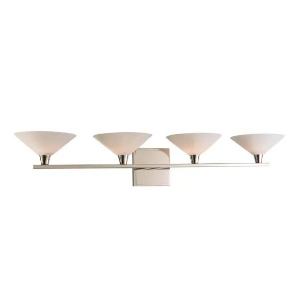 Constructed of Heavy Gauge Steel in a Polished or Satin Nickel finish, the Galvaston Bath Collection offers Inverted Cone Shaped Frosted White Glass and LED bulbs included. Collection: Galvaston Rooms: Bathroom, Vanity, Spa, Powder Room Finish: Polished Nickel Width: 31.00" Height: 6.00" Weight: 6.00 lb Extension from Wall: 7.00" Wire: 6" Mounting Height: 3.50" Canopy: 4.5"x4.5"x1" Bulbs Included Number of Bulbs: 4 Maximum Wattage: 3.00 W Bulb Base: G9 Light Source: LED Light Output: 1200.00 lm Color Temperature: 3000 K Dimmable Voltage: 120.00 V Material: Heavy Gauge Steel , Glass Country of Origin: China Safety Listing: cETL Safety Rating: Dry LED