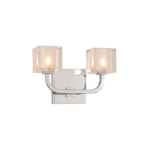 The Arcata Bath Collection is constructed of Heavy Gauge Steel with a Polished Chrome finish and Crystal Cube Shaped Glass with a Frosted interior. LED Bulbs are included. Collection: Arcata Rooms: Bathroom, Vanity, Spa, Powder Room Finish: Chrome Width: 10.00" Height: 7.00" Weight: 4.00 lb Extension from Wall: 5.00" Wire: 6" Mounting Height: 4.50" Canopy: 4.5"x4.5"x0.5" Bulbs Included Number of Bulbs: 2 Maximum Wattage: 3.00 W Bulb Base: G9 Light Source: LED Light Output: 600.00 lm Color Temperature: 3000 K Dimmable Voltage: 120.00 V Material: Heavy Gauge Steel , Crystal Country of Origin: China Safety Listing: cETL Safety Rating: Dry LED