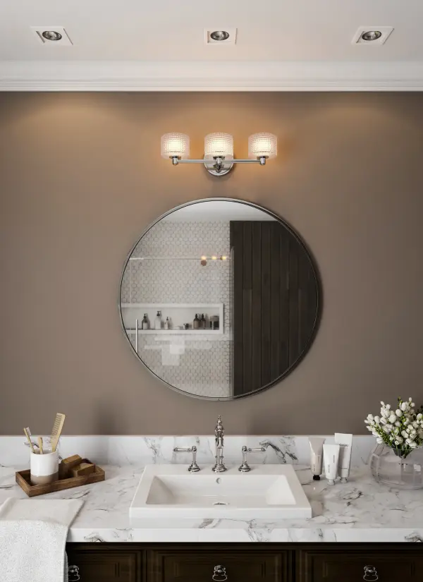 Woven Basket Designed Glass with a Polished Chrome or Satin Nickel finish makes the Willow Bath Collection a Designer favorite. Constructed of Heavy Gauge Steel and LED bulbs are included. Collection: Willow Rooms: Bathroom, Vanity, Spa, Powder Room Finish: Chrome Width: 19.00" Height: 6.00" Weight: 7.00 lb Extension from Wall: 6.00" Wire: 6" Mounting Height: 3.25" Canopy: 5"x0.75"x5" Bulbs Included Number of Bulbs: 3 Maximum Wattage: 3.00 W Bulb Base: G9 Light Source: LED Light Output: 900.00 lm Color Temperature: 3000 K Dimmable Voltage: 120.00 V Material: Heavy Gauge Steel , Woven Basket Glass Country of Origin: China Safety Listing: cETL Safety Rating: Dry LED - alternate view
