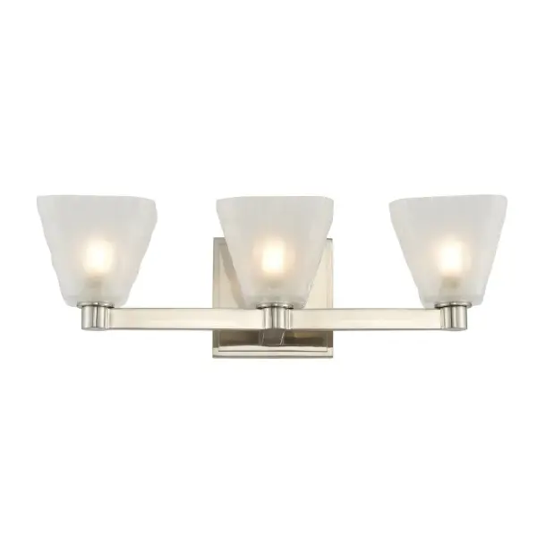 Soft wave water glass with a sleek frostsed interior featured in a Glazed Nickel finish Collection: Weston Rooms: Bathroom, Vanity, Spa, Powder Room Finish: Glazed Nickel Width: 5.00" Height: 5.00" Weight: 5.00 lb Extension from Wall: 17.00" Wire: 7`` Mounting Height: 3.00" Canopy: 5"x5"x1" Bulbs Included Number of Bulbs: 3 Maximum Wattage: 3.00 W Bulb Type: G-9 Bulb Base: G9 Light Source: LED Light Output: 900.00 lm Color Temperature: 3000 K CRI: 80 Dimmable Voltage: 120.00 V Material: Steel , Glass Country of Origin: China Safety Listing: cETL Safety Rating: Damp LED
