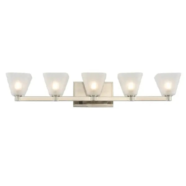 Soft wave water glass with a sleek frostsed interior featured in a Glazed Nickel finish Collection: Weston Rooms: Bathroom, Vanity, Spa, Powder Room Finish: Glazed Nickel Width: 5.00" Height: 5.00" Weight: 9.00 lb Extension from Wall: 30.00" Wire: 7`` Mounting Height: 3.00" Canopy: 7"x5"x1" Bulbs Included Number of Bulbs: 5 Maximum Wattage: 3.00 W Bulb Type: G-9 Bulb Base: G9 Light Source: LED Light Output: 1500.00 lm Color Temperature: 3000 K CRI: 80 Dimmable Voltage: 120.00 V Material: Steel , Glass Country of Origin: China Safety Listing: cETL Safety Rating: Damp LED