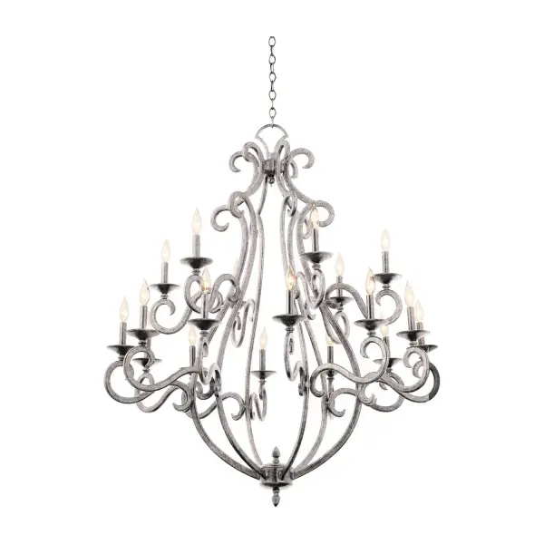 Collection: Santa Barbara Finish: Pearl Silver Width: 44.00" Height: 50.00" Length: 44.00" Chain: 96" Wire: 120" Canopy: 44"x1"x5" Number of Bulbs: 18 Maximum Wattage: 40.00 W Bulb Base: E12 Candelabra Dimmable Voltage: 120.00 V Material: Hand Forged Wrought Iron Country of Origin: Philippines Safety Rating: Dry