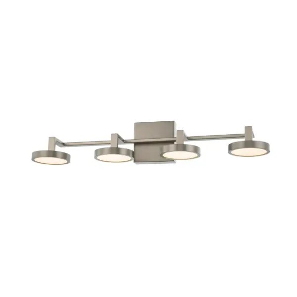 The Eaton Collection of Bath Vanity lighting is perfect for spaces that call out for something a little different. Not satisfied with classic bathroom lighting shapes, Kalco cleverly uses circular downlights to provide the perfect amount of lighting over a mirror. Shown in Satin Nickel. Collection: Eaton Rooms: Bath, Vanity, Bed, Office Finish: Satin Nickel Width: 26.00" Height: 5.00" Length: 7.00" Weight: 6.00 lb Extension from Wall: 7.00" Wire: 7" Mounting Height: 3.00" Canopy: 4"x4"x2" Bulbs Included Maximum Wattage: 24.00 W Bulb Type: LED Light Source: LED Light Output: 1600.00 lm Color Temperature: 3000 K CRI: 90 Voltage: 120.00 V Material: Steel, Glass Country of Origin: China Safety Listing: cETL Safety Rating: Dry LED