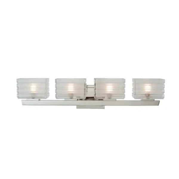 The Victoria LED bath collection showcases substantial, artisan-quality opal glass shades paired with a sleek Polished Nickel finish. The ribbing on each glass shade not only upgrades the look, but provides a beautiful dimming quality as well. Collection: Victoria Finish: Polished Nickel Width: 29.00" Height: 7.00" Length: 6.00" Weight: 13.00 lb Extension from Wall: 6.00" Wire: 7" Mounting Height: 4.00" Canopy: 6"x5"x1" Bulbs Included Number of Bulbs: 4 Maximum Wattage: 4.00 W Bulb Type: G-9 Bulb Base: G9 Light Source: LED Light Output: 280.00 lm Color Temperature: 3000 K CRI: 80 Voltage: 120.00 V Material: Steel, Glass Country of Origin: China Safety Listing: cETL Safety Rating: Damp LED