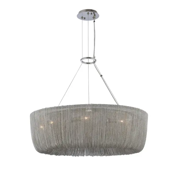 Sleek Polished Nickel jewelry like chains drape a simple ring frame for a Modern Industrial look. Collection: Genevieve Rooms: Kitchen, Dining, Great Room, Foyer Finish: Polished Nickel Notes: Overall H: 106`` - 8` S. Cable Width: 28.00" Height: 8.50" Weight: 23.00 lb Wire: 144" Canopy: 6"x1" Number of Bulbs: 9 Maximum Wattage: 40.00 W Bulb Type: E12 Bulb Base: E12 Candelabra Dimmable Voltage: 120.00 V Material: Steel Country of Origin: China Safety Listing: cETL Safety Rating: Dry