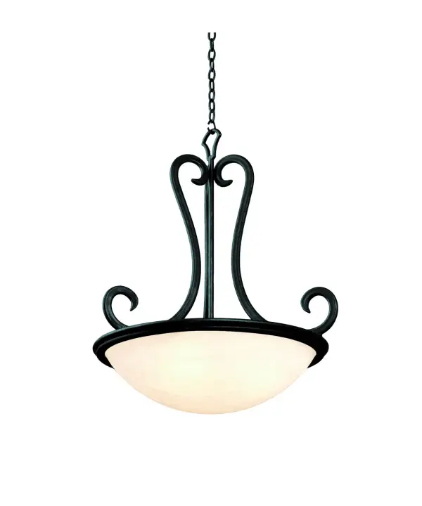 The Santa Barbara Collection was inspired by Colonial Mexico`s Mission Churches and Cathedrals. The long history of hand-crafted wrought iron, shared by both Mexico and Kalco, come together to create a series of lighting pieces that are made versatile by Kalco`s extensive selection of exclusive, hand-crafted shades. Collection: Santa Barbara Rooms: Kitchen, Dinette, Entryway, Den Finish: Tortoise Shell Glass: White Alabaster Standard Glass Bowl Notes: Must Specify Glass When Ordering Width: 26.00" Height: 28.00" Weight: 23.00 lb Chain: 48`` Wire: 96`` Canopy: 5``x1`` Number of Bulbs: 3 Maximum Wattage: 60.00 W Bulb Type: E26 Bulb Base: E26 Medium Dimmable Voltage: 120.00 V Material: Hand Forged Wrought Iron Country of Origin: Phillipines Safety Listing: cETL Safety Rating: Dry
